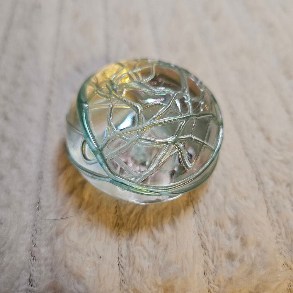 Anton Signed Intaglio Studio Iridescent Art Glass Spiderweb Threaded Paperweight